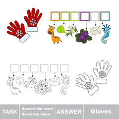 Vector game. Search the word. Find hidden word Gloves