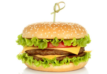 Big hamburger on white background.