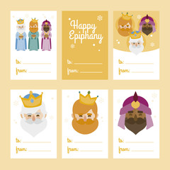 Collection of 6 Christmas card templates. Vector illustration. Template for Greeting Scrap booking, Congratulations, Invitations. Yellow. Happy Epiphany