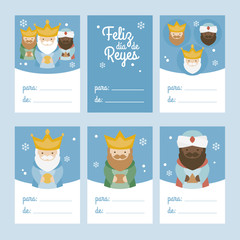 Collection of 6 Christmas card templates. Vector illustration. Template for Greeting Scrap booking, Congratulations, Invitations. Blue. Happy Epiphany written in Spanish
