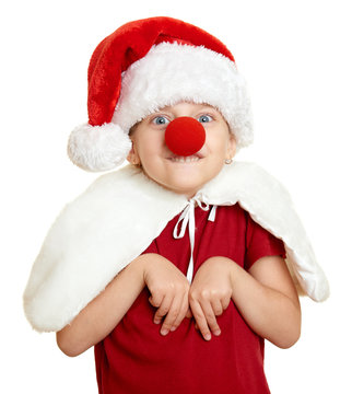 girl in santa hat with clown nose on white isolated