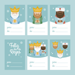 Collection of 6 Christmas card templates. Vector illustration. Template for Greeting Scrap booking, Congratulations, Invitations. Green. Happy Epiphany written in Spanish
