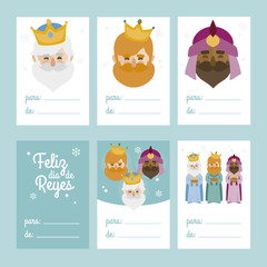 Collection of 6 Christmas card templates. Vector illustration. Template for Greeting Scrap booking, Congratulations, Invitations. Green. Happy Epiphany written in Spanish
