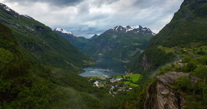 4K, Norway Mountains And Fjord View - Occurrence of fog, Clouds Time Lapse, Geirangerfjord, Stranda, Norway