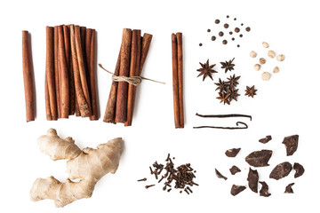 Spices mix with chocolate on the white background