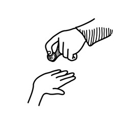 Charity, a hand drawn vector doodle illustration of a hand giving money to the other hand.