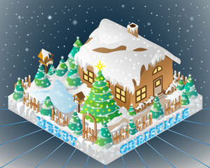 Illustration of decorated house on Christmas Eve shown in isometric view.
