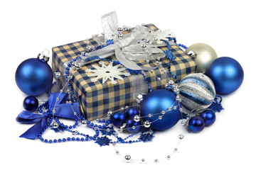 Gift box and blue balls for Christmas