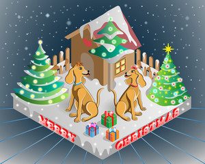 Two dogs sitting besides doghouse celebrating christmas.Isometric view. Vector illustration.