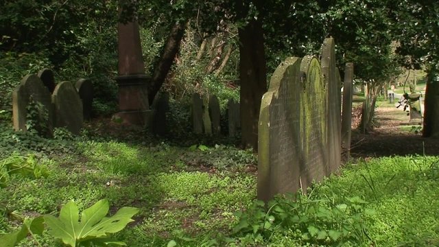 Old weathered headstones in graveyard