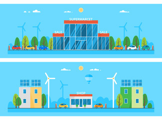 two horizontal banners. Large supermarket with parking for cars. Convenience stores in the city. Alternative energy sources
