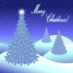 Christmas greeting card and background with Christmas tree and Merry Christmas lettering. Vector illustration.
