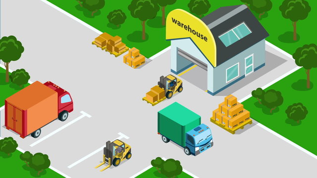 Flat 3d isometric delivery concept. Warehouse transport forklift loading box pallet looped animated. 