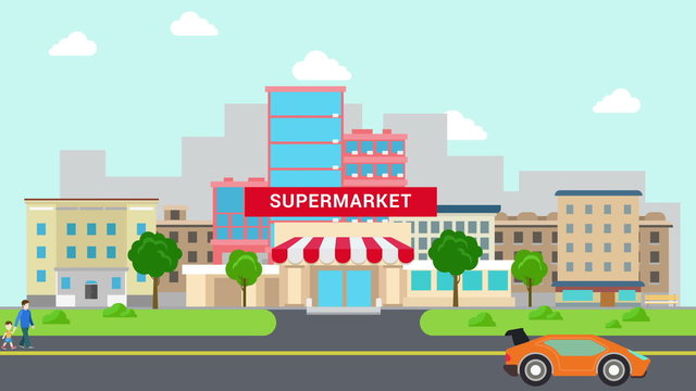 Flat style cartoon supermarket mall building and transport street animation reveal.
