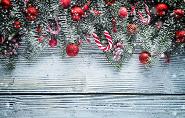 Christmas fir tree decoration on wooden background