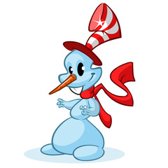 Christmas snowman with funny hat and red scarf isolated on white background. Vector illustration