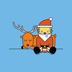 Santa Claus sleeping with Reindeer, Cartoon vector illustration.