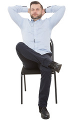 man sitting on chair. Isolated white background. Body language. gesture. Training managers. sales...