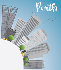 Perth skyline with grey buildings, blue sky and copy space. Some elements have transparency mode different from normal.