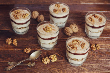 Homemade dessert with curd, walnut and chocolate