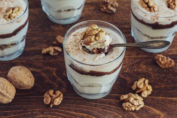 Homemade dessert with curd, walnut and chocolate