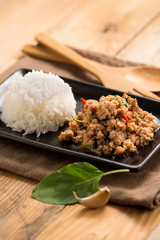 Pad-kra-prao. Spicy minced pork and basil. The Thai food with rice