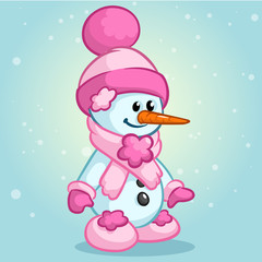 Cute Christmas snowman with Santa hat and scarf isolated on snowy background. Vector illustration