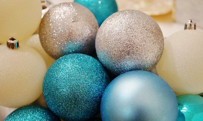 Blue, white and silver glittery Christmas holiday decorative round ornaments