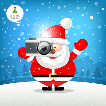 Merry christmas Santa claus hand holding photo camera on snow