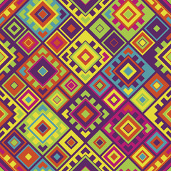 Vector seamless pattern. Stylish textile print with geometric bright design. Colorful fabric background with random colored squares.