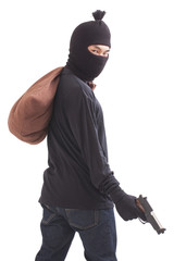 Bandit holding gun with bag on white background