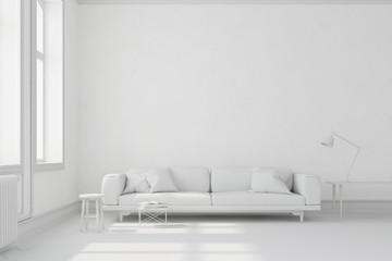 Wohnzimmer mit Sofa komplett in weiß - obrazy, fototapety, plakaty