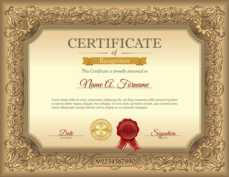 Vintage Certificate of Recognition Template with Ornament Frame