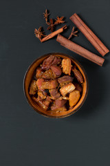 Chinese pork belly caramelized and braised in soy sauce with sta