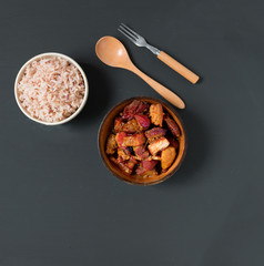Chinese pork belly caramelized and braised in soy sauce with sta