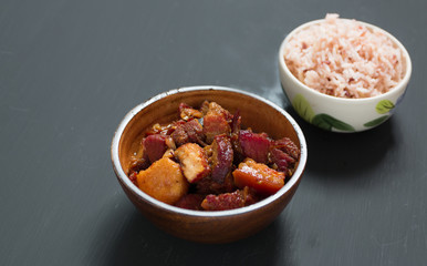 Chinese pork belly caramelized and braised in soy sauce with sta