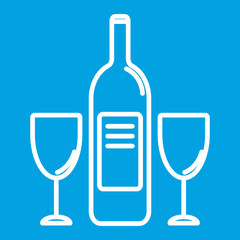 Wine bottle and glases thin line icon
