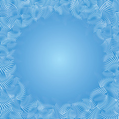 Fototapeta na wymiar Christmas vector light blue background with frame of white frost patterns. Square format.