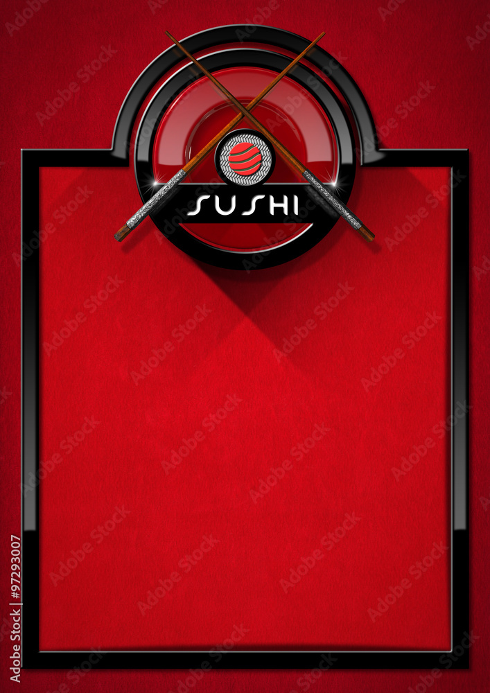 Poster sushi food - empty banner for menu / banner with black frame and round symbol with chopsticks, sushi