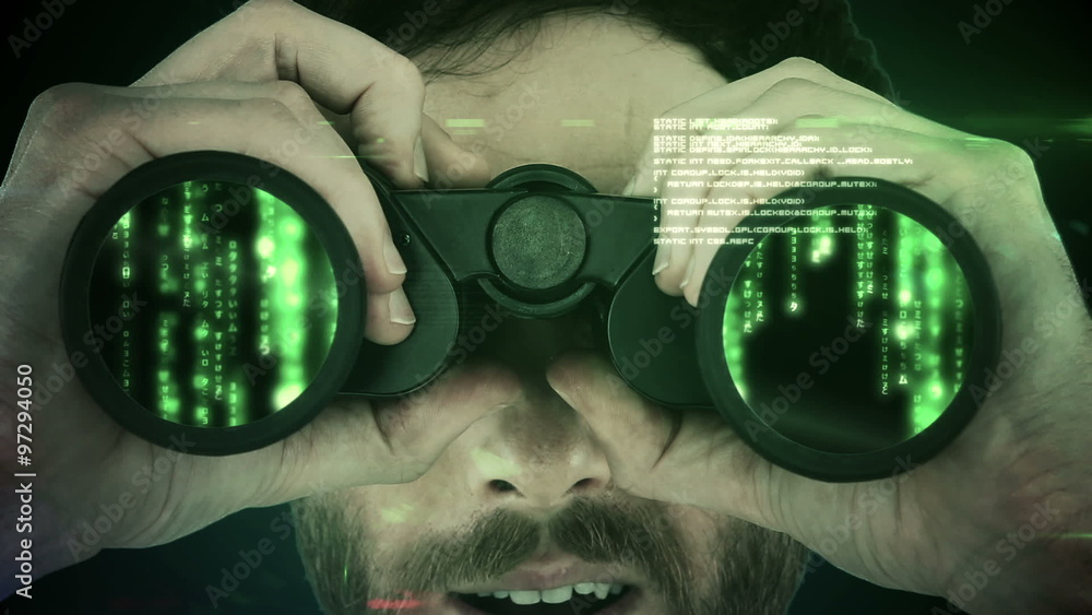 Poster man looking through binoculars
