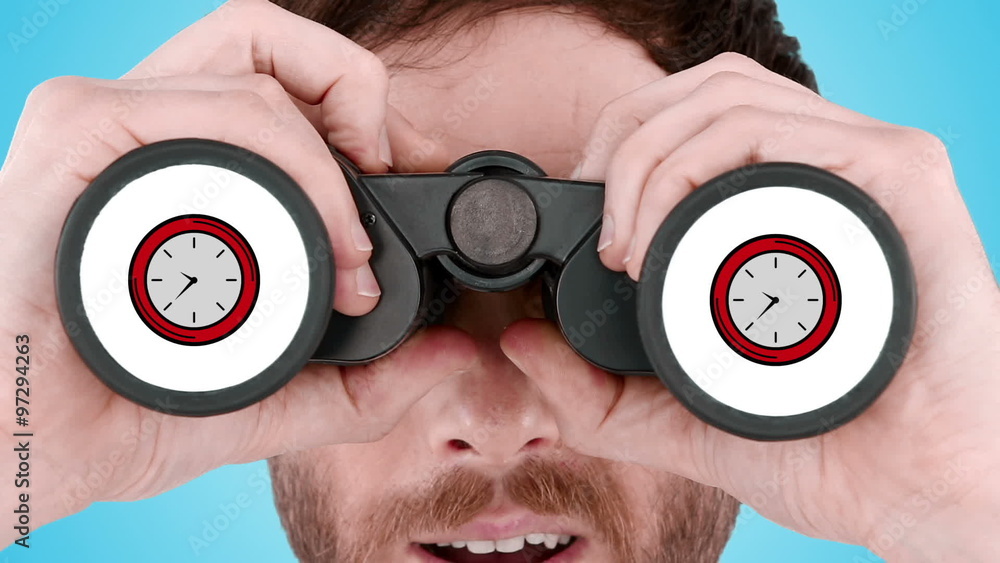 Poster man looking through binoculars