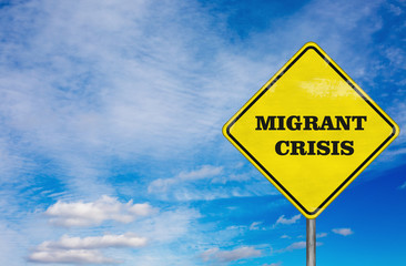 A road sign Migrant Crisis on sky background