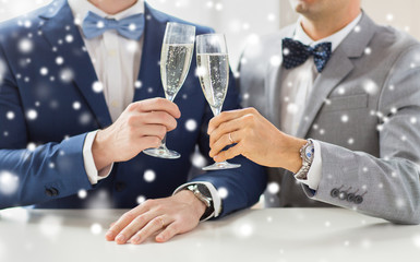close up of male gay couple with champagne glasses