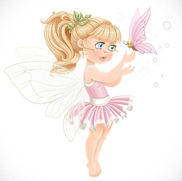 Sweet fairy in a pink tutu holding a large butterfly on the fing