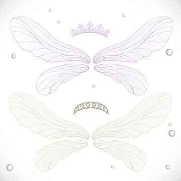 White and violet fairy wings with tiara bundled isolated on a wh