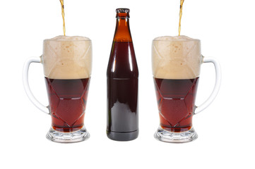 Glass, pint and bottles of beer isolated