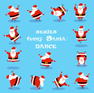 Vector set design elements funny dancing Santa Claus different character isolated on blue background