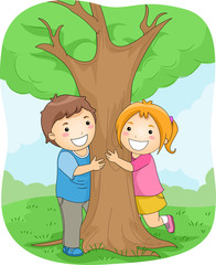 Obraz na płótnie Canvas Kids Hugging Tree