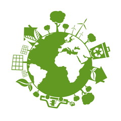 Illustrations of concept earth with icons of ecology, environmen