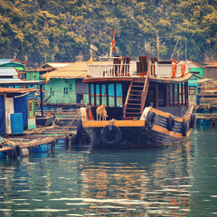 Asian floating village at Halong Bay